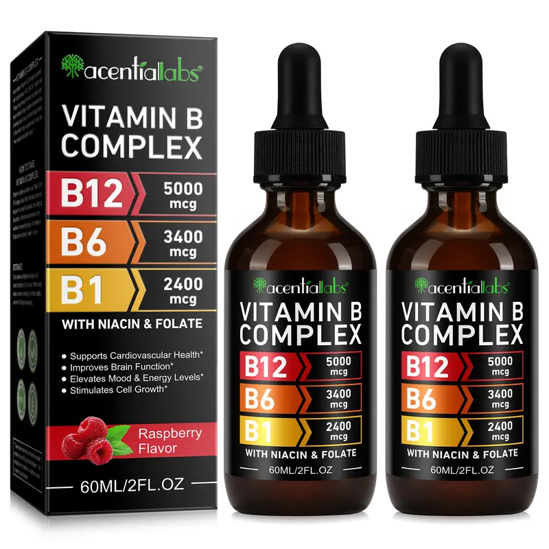 Liquid Vitamin B Complex Supplements for Women - Methylcobalamin B12, B6, B1, B9 - Supports Metabolic Health, Brain Function, Healthy Skin, Cell Growth, Energy Boost, Mental Performance - Non-GMO, Gluten-Free (Pack of 2)