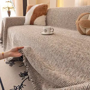 1PC Bohemian Leisure Sofa Cover - Retro Craft Tassel Trim Design, Dustproof, Scratch-Resistant & Pet-Friendly, Fits 1/2/3/4 Seater Sofas, All-Season Living Room Slipcover, Couch Slipcover, Couch Covers, Machine Washable