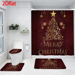 4-Piece Bathroom Sets Full Set Golden Christmas Tree Pattern Four-Piece Curtain Set Elegant Decor Shower Bath funny Accessories U-Shaped floor Seat Cover Cushion Toilet Lid Rug Carpet Non-Slip  Shape Mat Gifts Style toilet waterproof
