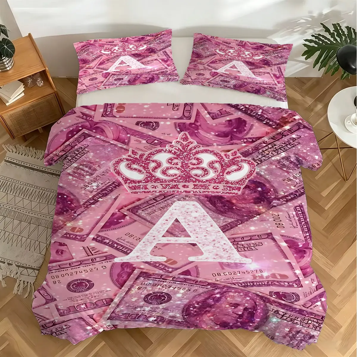 2/3pcs Polyester Glamorous Crown & Money Pattern Duvet Cover Set, Luxury Glitter Aesthetic Bedding Set / Soft Breathable Fabric / 1 Duvet Cover + 1/2 Pillowcases / Modern Bedroom Decor / Durable Comforter Cover Set Pillowcase 1/2 pcs (No Filler)