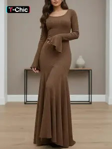 Women's Plain Lace Up Flounce Sleeve Dress, Modest Style Dress, Modesty Casual Round Neck Long Sleeve Maxi Dress for Spring & Fall, Maxi Slip Dress, Modest Solid Color Dress, Modest Dresses