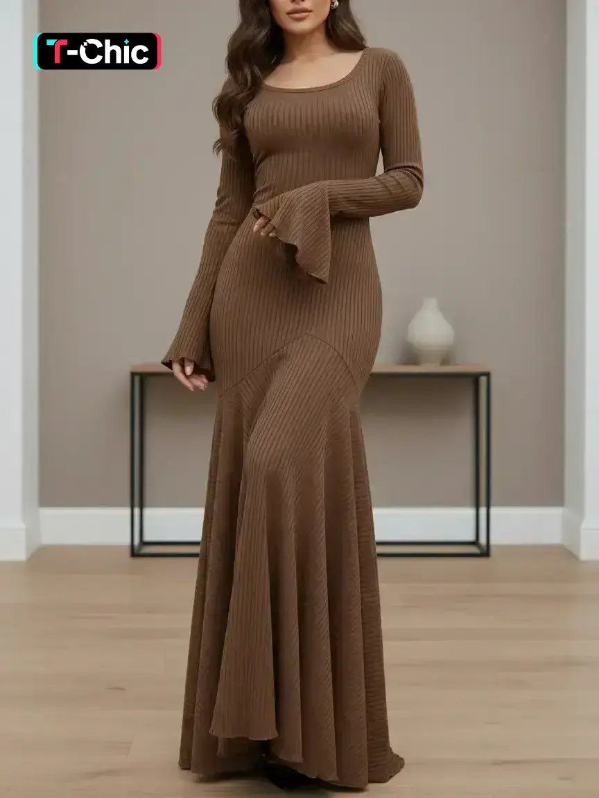 Women's Plain Lace Up Flounce Sleeve Dress, Modest Style Dress, Modesty  Casual Round Neck Long Sleeve Maxi Dress for Spring & Fall, Maxi Slip  Dress, Modest Solid Color Dress, Modest Dresses -