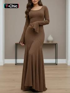 women's plain lace up flounce sleeve dress, modesty casual round neck long sleeve maxi dress for spring & fall, women's clothing for daily wear, long sleeve dresses ready to wear, maxi slip dress