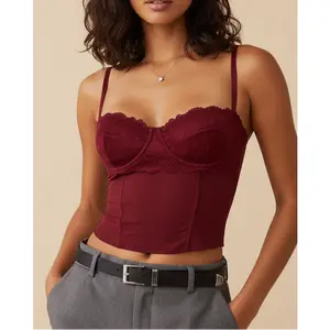Lace Trim Corset Crop Top - Adjustable Strap Camisole