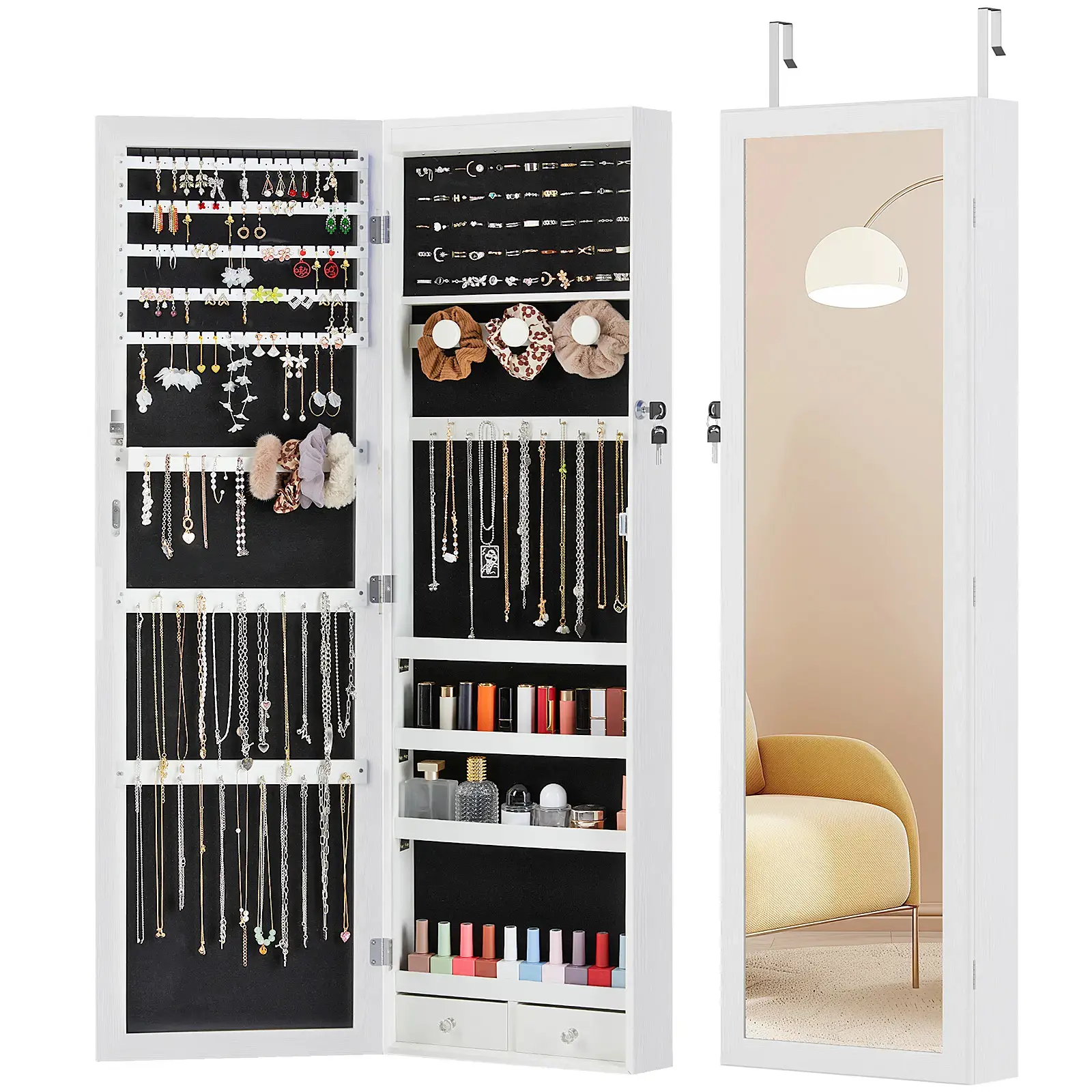 Wood Vertical Jewelry Armoire Cabinet - Lockable Full-Length Body Mirror, Compartmental Design, Built-In Drawers, LED Lights, Wall Mount, Door Mount Option