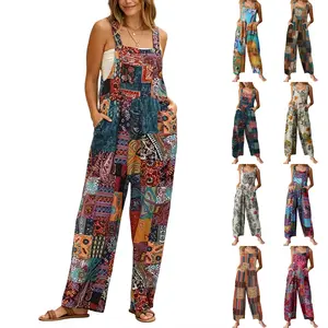 Women's Patchwork Jumpsuit Loose Floral Print Bohemian Overalls Wide Leg Bib Overall Casual Womenswear Baggy Rompers with Pockets