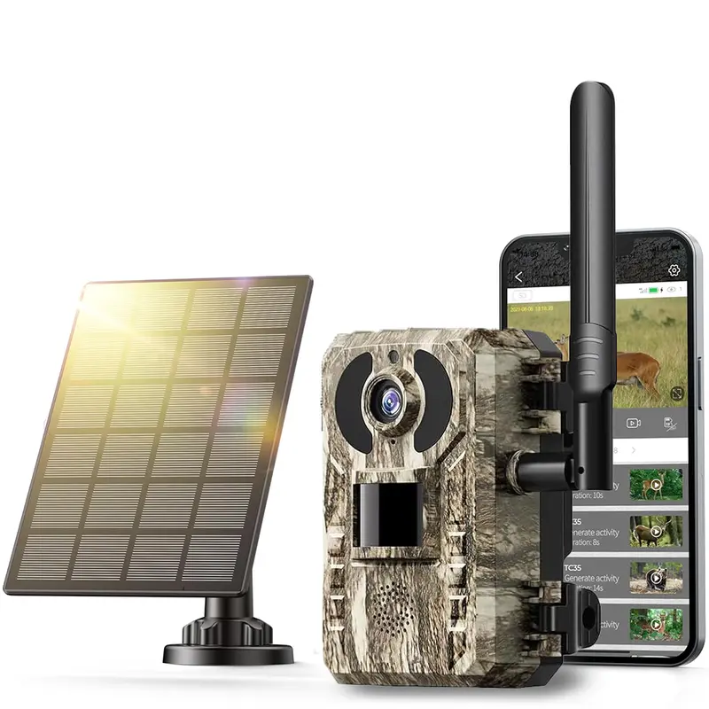 4G LTE Solar-Powered Cellular Trail Camera Hunt Gear - 3rd Gen, 2700 Live View, Remote Phone Access & Playback, 0.2s Fast Shots & Trigger Time, Motion Activation, Night Vision, Built-in SIM Card, 30-Day Complimentary Trial