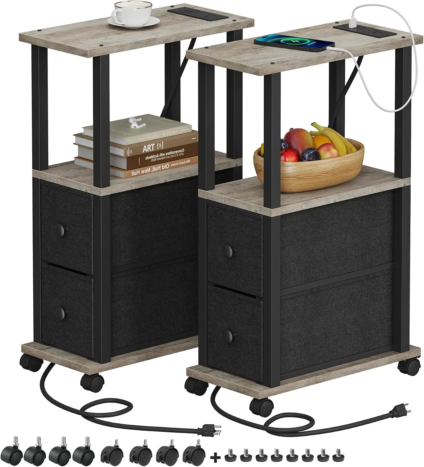 TUTOTAK Set of 2 Industrial Slim Rectangular Small Narrow End Tables - Bedside Nightstands with Charging Port, 2 Fabric Drawers, USB Ports, Adjustable Legs, Wheels for Small Spaces, TB01BG053