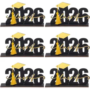 6 count Class of 2026 Graduation Table Decoration, Black and  Graduation Party Table Centerpiece Wooden Base with  2026 Sign and Cap for Congrats Grad Celebration Decor