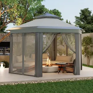 Pop-Up Gazebo Canopy Tent with Mosquito Netting, Double Vented Roof Sun Shelter, Adjustable Height Heavy Duty Hexagonal Pavilion for Patio Garden