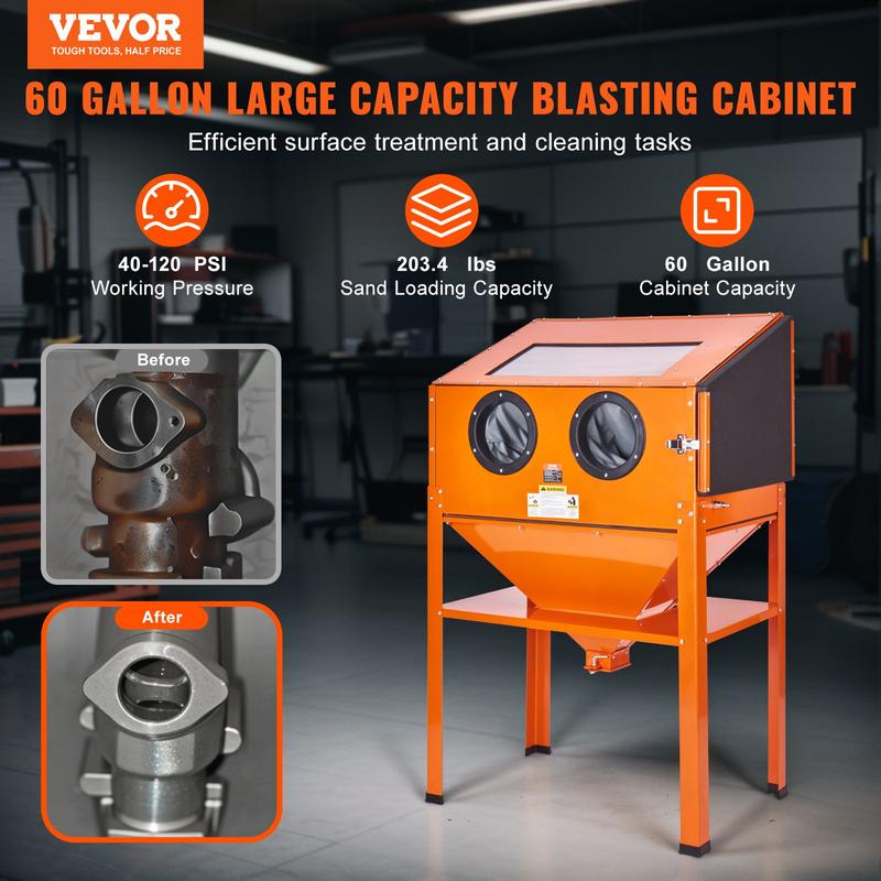 VEVOR 60 Gallon Sandblasting Cabinet, 40-120PSI Sand Blasting Cabinet with Stand, Heavy Duty Steel Sand Blaster with Blasting Gun & 4 Ceramic Nozzles for Paint, Stain, Rust Removal