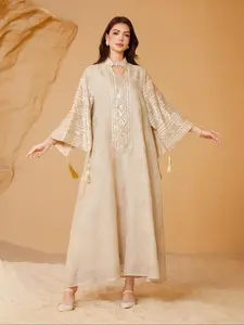 Women's EmbroideryLong Sleeve Dress,Elegant Fringe Trim Arabic Clothing for Party Evening Formal Occasions,Ladies Clothes for All Seasons