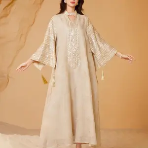 Women's EmbroideryLong Sleeve Dress,Elegant Fringe Trim Arabic Clothing for Party Evening Formal Occasions,Ladies Clothes for All Seasons