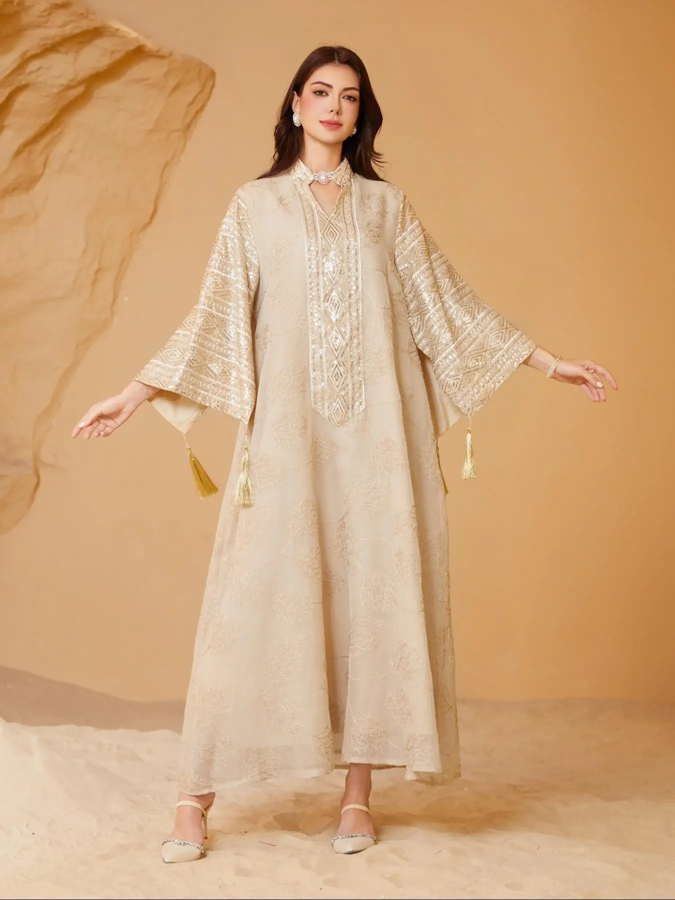 Women's Contrast Sequin Dress, Elegant Long Sleeve Dress for Party Wedding Guest, Ladies Islamic Clothing for All Seasons
