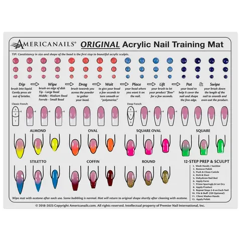 Americanails Original Acrylic Nail Art Training Mat - Large 15.75in x 11.75in Silicone Base, Acetone-Resistant Manicure Tool with Training Zones, Wipe-Clean Create Beads Feature, Nail Tech Supplies That Teaches (Acrylic Focus, Wipe With Acetone)