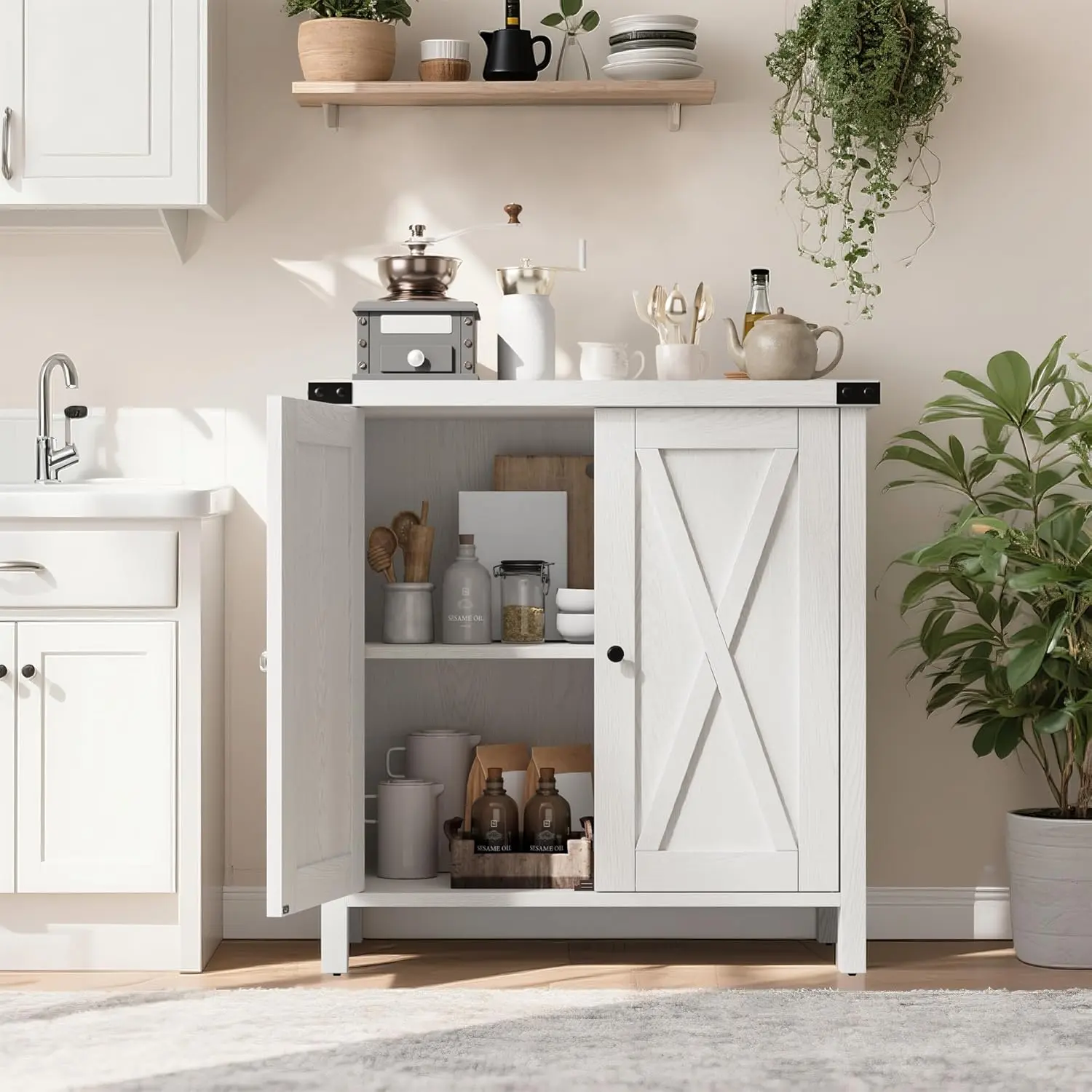 Classic White Wood Durable Waterproof Modern Farmhouse Sideboard Buffets Cabinet - Indoor Storage Cupboard with Multiple Shelves, Adjustable Shelf, Barn Doors for Living Room, Dining Room Use