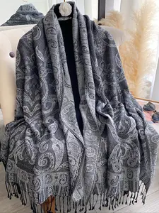 Elegant Boho Paisley Print Scarf, Long Fringe Boho Style Shawl, Woven Pashmina Wrap, All-Season Fashion Accessory, Moderate Fabric Thickness, Tassel Decor Scarf