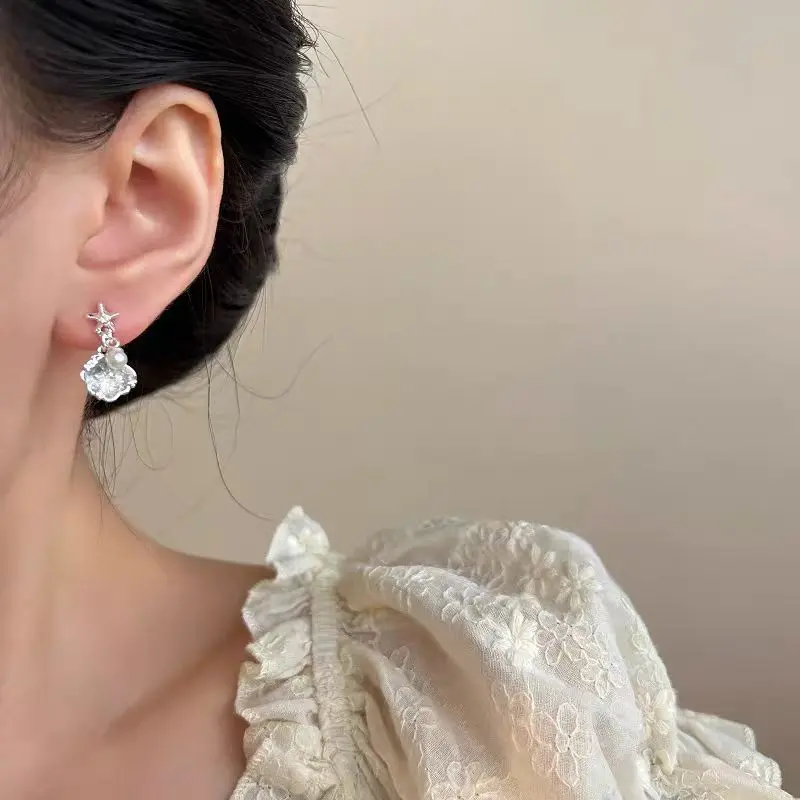 Silver Tone Seashell Starfish Drop Earrings, Ocean Theme Simulated Pearl Crystal Dangle Earrings for Women
