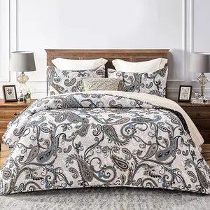 Reversible Printed Queen Size, Soft Boho Paisley Floral Bedspreads for Bed Lightweight Full Queen Bedding Set Coverlets with 2 Pillow Shams for All, Bone Grey