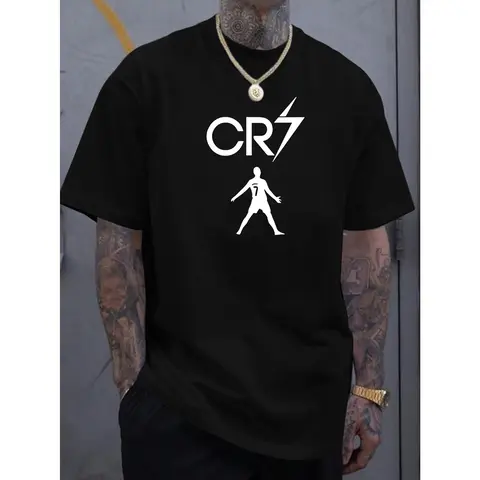 Men's CR7 Print Casual Short-Sleeve T-Shirt - Menswear, Undershirt, Basic Comfy Polyester Lightweight Regular-Fit Crew Neck Summer Tee, Ideal Gift for Daily Casual Wear