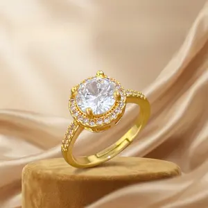 Golden Double Layer Halo Ring, Adjustable Open Cuff Engagement Promise Ring with 8mm Round Cut CZ, 14K Gold-Tone Wedding Band for Women, Non-Tarnish, Stackable, Everyday & Bridal Jewelry Gift