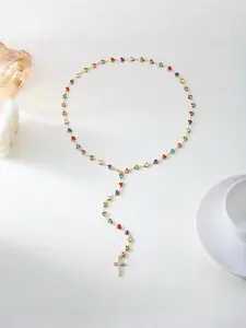 Women's Colorful Heart Cross Pendant Necklace, Versatile Long Y-Shape Shirt Chain, Sparkling Diamond Accents, Elegant Jewelry Accessory