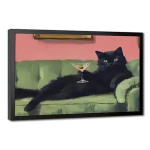 Funny Black Cat with Martini Canvas Art Print, Vintage Green Sofa Cat Wall Decor, Aesthetic Cocktail Cat Painting for Living Room Bathroom Bar Decor