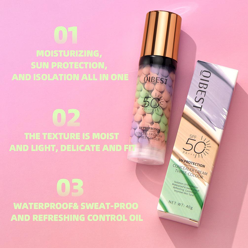 Three-Color Protective Isolation Cream with SPF 50 Coverage, Brightening & Oil-Control Moisturizer for Color Correction, Waterproof & Sweatproof Makeup Base,sunscreen