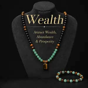Unisex wealth bracelet and necklace jewelry set featuring green Dongling tiger stone and obsidian beads; feng shui lucky wealth bracelet; wealth accumulation and fortune-enhancing design; wearable accessory; protective auspicious jewelry gift. Beaded Jewe