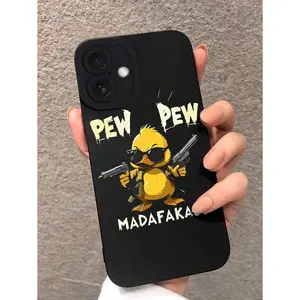 1pc Funny Duck Holding Gun Precise Hawk Eye Camera Protective Black TPU Soft Phone Case Compatible With Apple 16 Pro Max, 15, 14, 13, 12, 11 Pro Max Plus Mini 16E, XR/X/XS Max And Other Models, Suitable As Gift For Friends