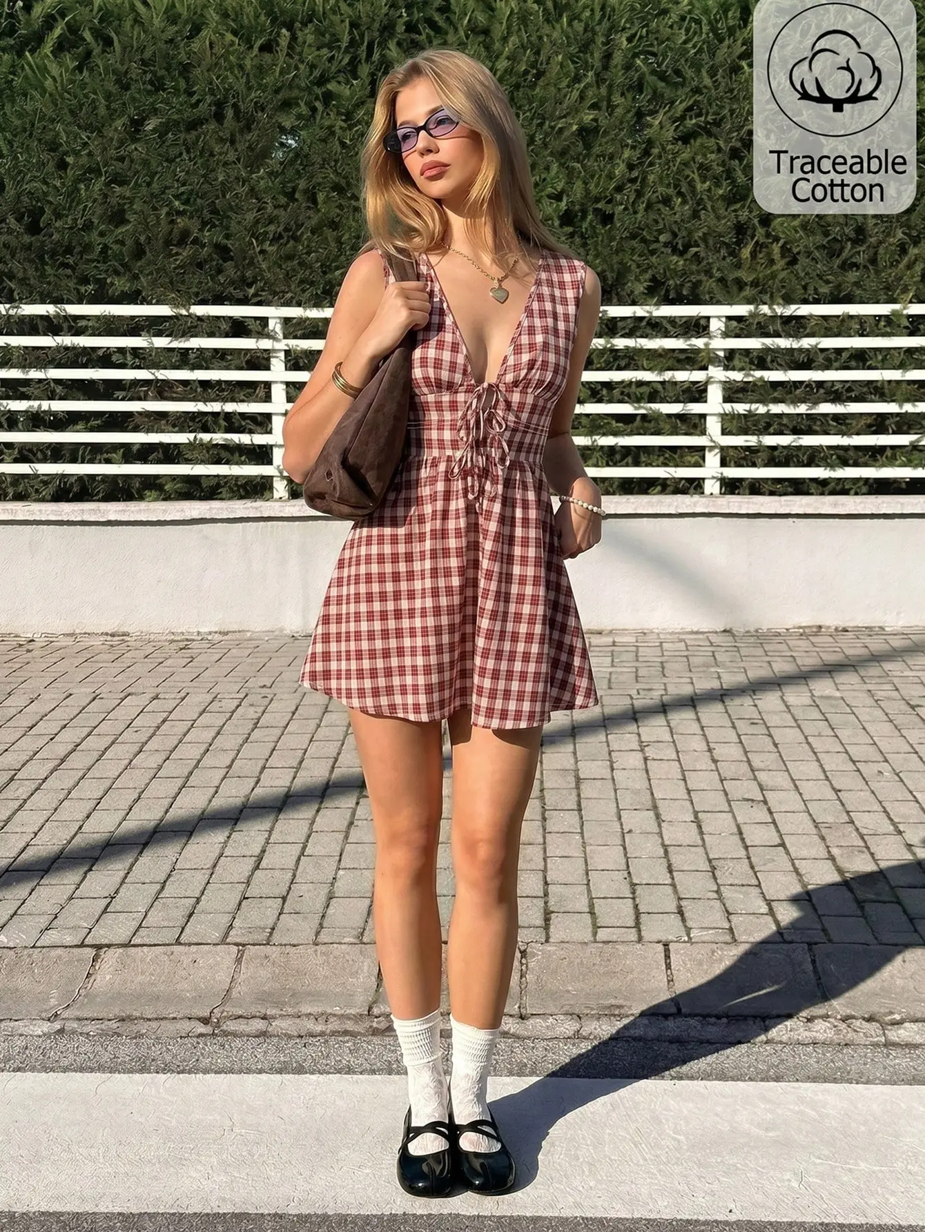[Back to School] MainGirl Brown Plaid Gingham V-Neck Tie Front Mini Dress Summer Graduation Vacation Going Out Picnic Casual Old Money Cottagecore Boho French