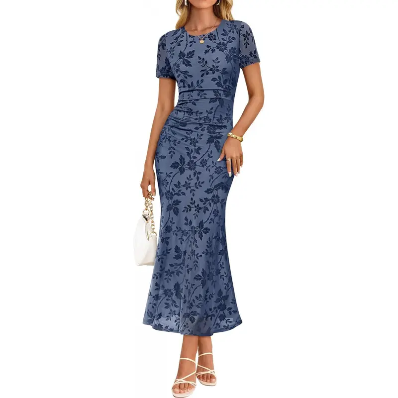 blue print dresses Sample Dusty Blue Bardot Crepe Dress