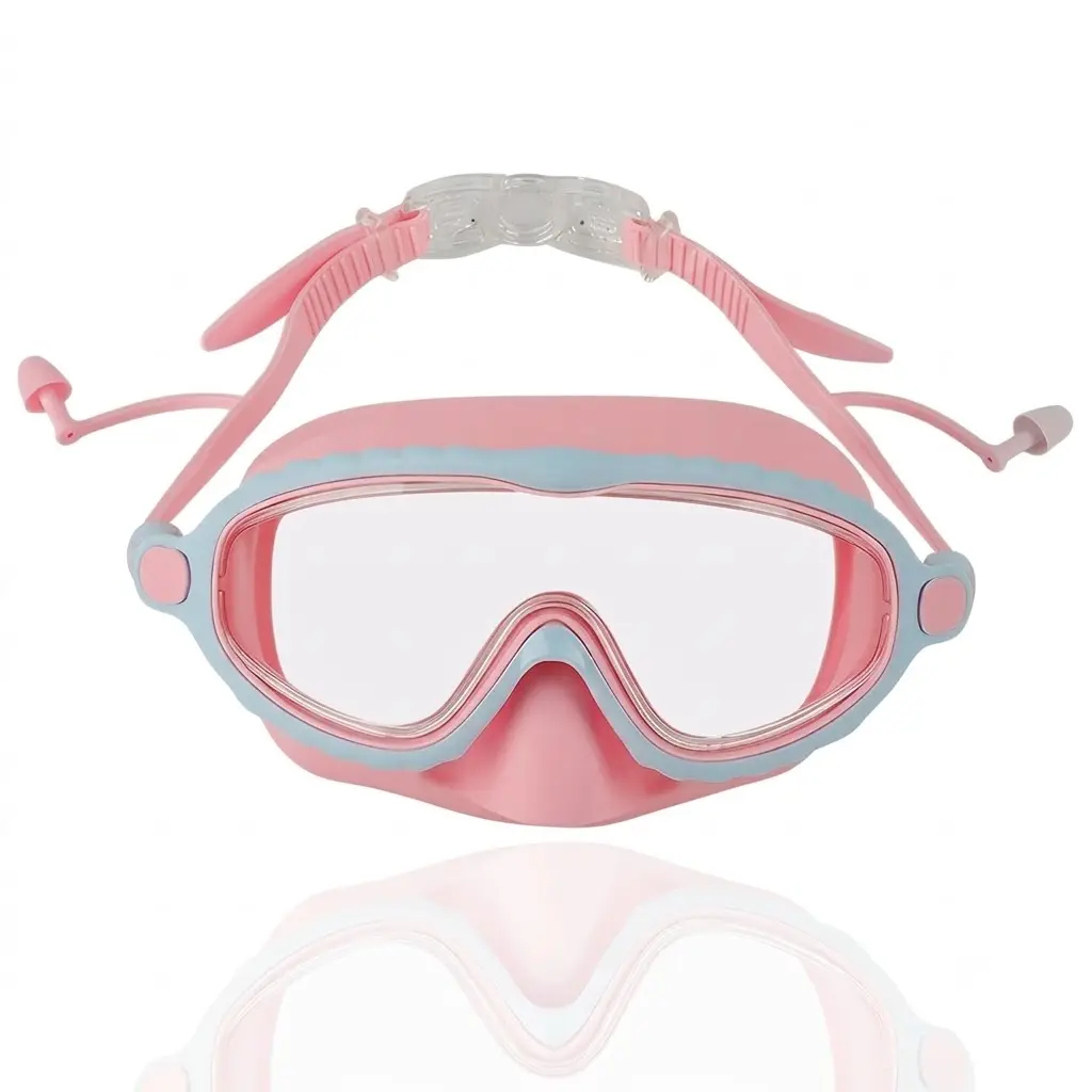 Pink Kids Swimming Goggles, 2 in 1 Wide View Swim Glasses with Anti-Choke Nose Cover & Built-in Earplugs, Adjustable Strap