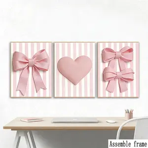3pcs French Sweet Style Canvas Prints, Soft Bowknot, Heart, Classic Stripes, DIY Frame, Gallery Aesthetic