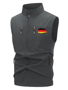 German Flag Graphic Print Men's Casual Outdoor Sports Vest Gilet with Zipper Pockets, Fall Winter Windproof Stand Collar Sleeveless Jacket, Lightweight Softshell Zip Up Vest Outerwear for Hiking Running Golf