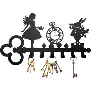 Fairyland-style Entrance Key Hook Rack, Key Holder, Retro Clock Rabbit Design, Alice in Wonderland Wall Decor, A Creative Home Gift for Kids and Alice Fans