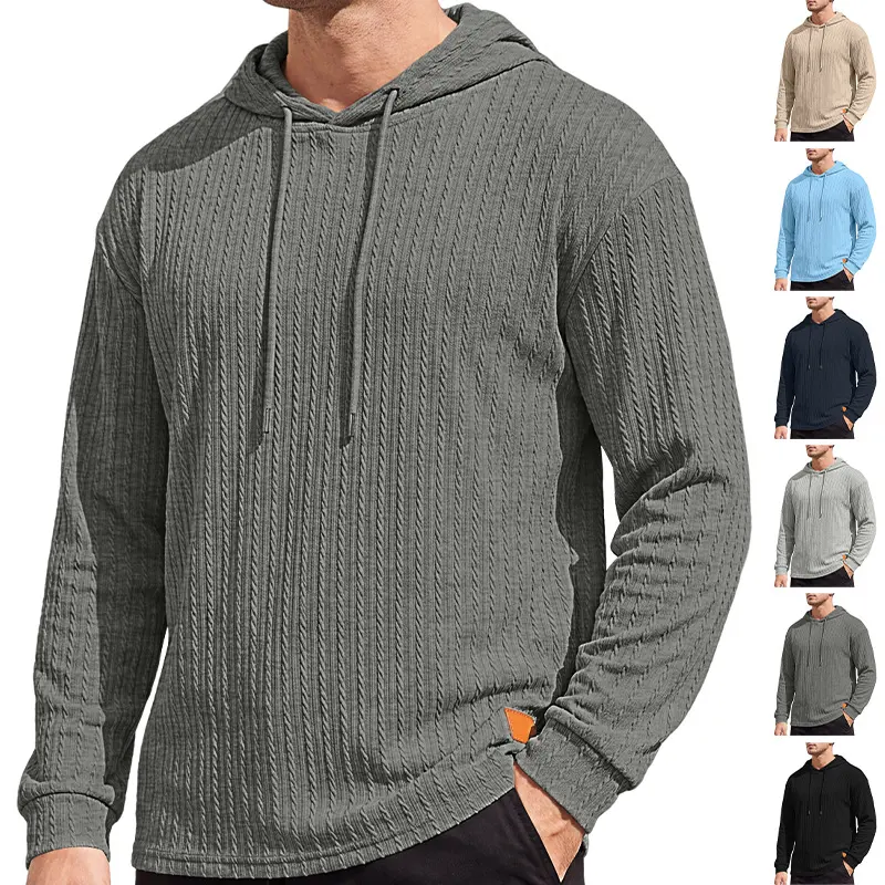 Menswear Tops: Men’s American-Style Relaxed Hoodie, Vertical Cable-Knit Texture, Slim Fit, Dropped Shoulders, Drawstring Pullover Hood, Breathable for Spring/Autumn, Solid Color Long Sleeves, Suitable for Everyday Commuting & Street Casual Wear