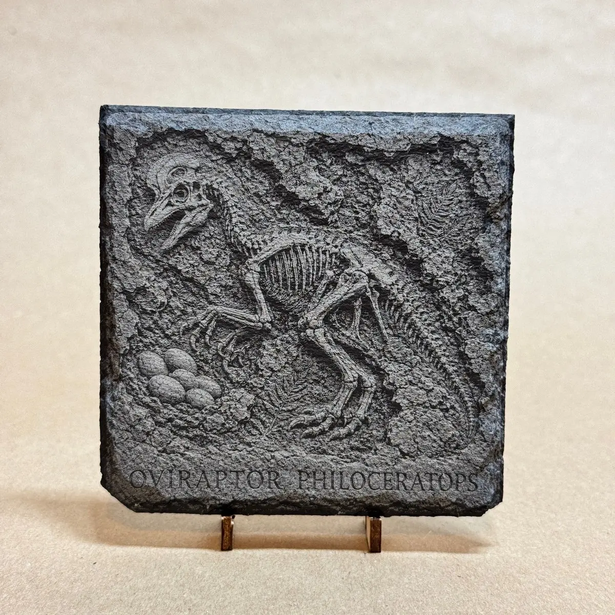 Oviraptor Fossil Slate Coaster - Laser Engraved Dinosaur Dig, Natural Hand-Cut Stone, Gift for Dinosaur & Fossil Lovers