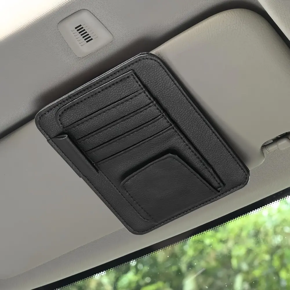 Clip-On High-Quality Compact Car Sun Visor Organizer, 6.1x5.12in Leather Universal Tool-Free Driving Accessory with Multi-Pockets, Soft Sturdy Liner for Cards, License, Registration, Pen, Keys (Black) - Beautiful and Practical Stowing Solution