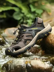 Men's Leather Trekking Sandals, Closed Fisherman Shoes with Arch Support, Cushioned Insole, Non-Slip Rubber Sole, Elastic Strap, Casual Outdoor Hiking Shoes