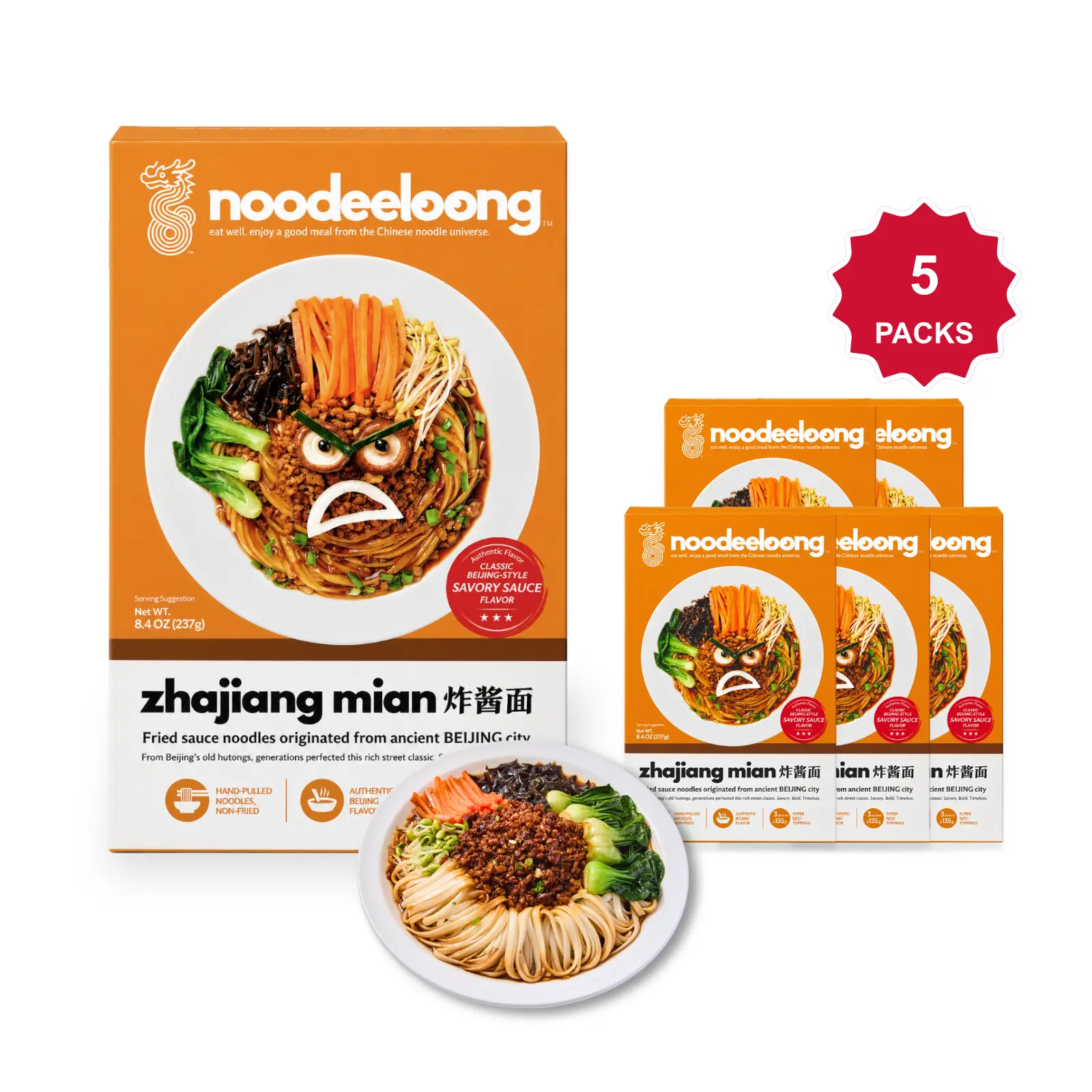 noodeeloong Authentic Beijing Soybean Paste Noodles, Premium Asian Prepared Meal Kit with Thick Savory Sauce & Real Vegetables, 21g High Protein Noodles, Vegan, Ready in 9 Mins, 8.4 oz (Pack of 5)