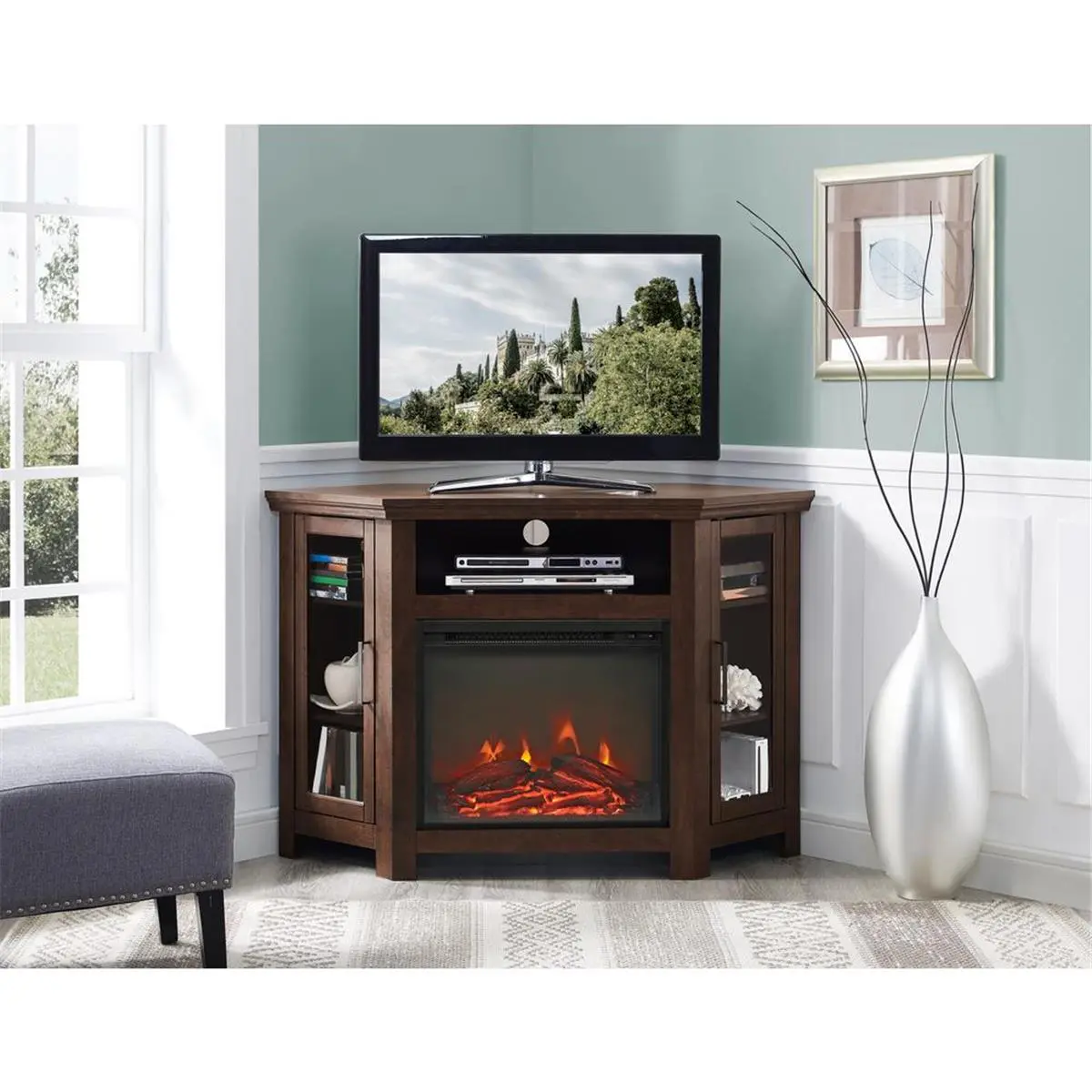 Walker Edison 48 in. Wooden Corner TV Stand - Plug-in Traditional Brown Fireplace Media Console with Plug Outlet, MDF Laminate, Sturdy Base, Indoor Furniture, Television Console Table, Tv Console Cabinet