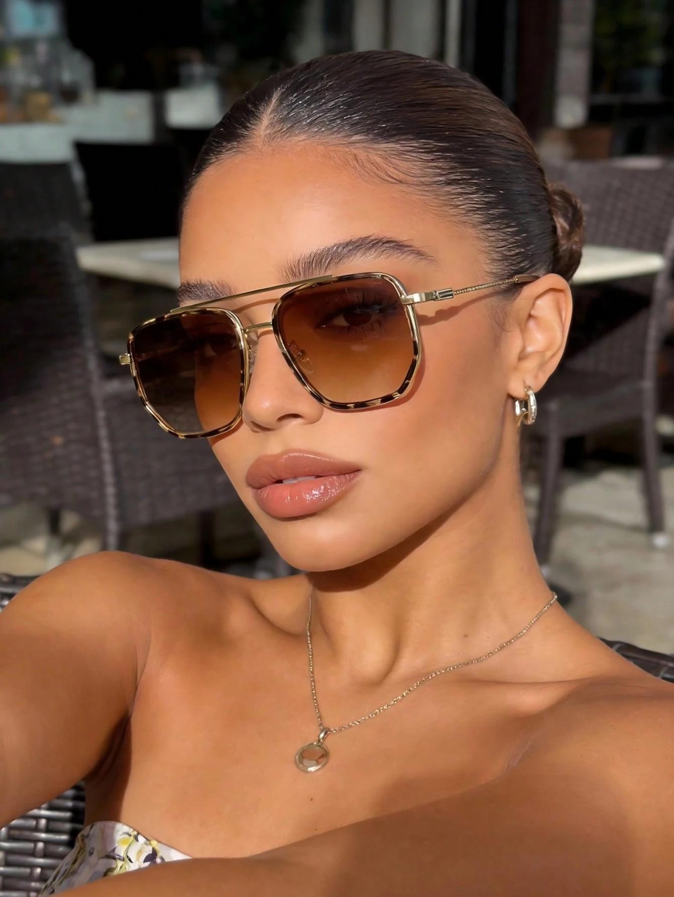 Sleek Double-Bridge Aviator Sunglasses - Textured Metal Frame with Angular Lenses, UV400 Protection Shades Perfect for Everyday Casual and Timeless Street Style