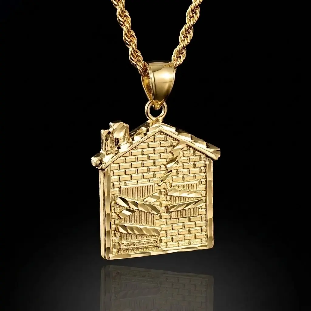 Men's 14K Gold Plated Hip Hop Trap House Pendant Necklace with Engraved Brick Home Charm, Rope Chain Jewelry Gift for Boys, Men's Accessories Gold Necklace