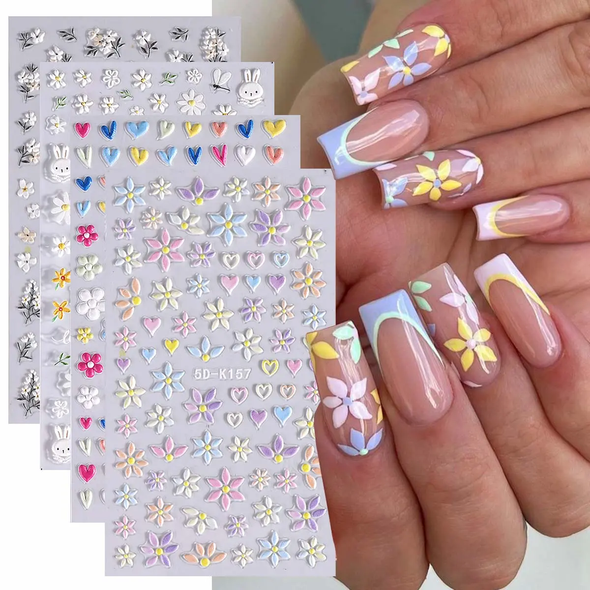 Multicolor Flower Pattern Nail Art Sticker (4 Counts/set), Glitter Self Adhesive Nail Decal, DIY Nail Art Decoration for Women & Girls, Nail Art Supplies, Nail Design