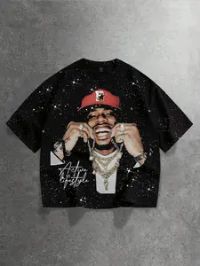 Men's Loose Fit Fashion Print T-Shirt, Sequin Craftsmanship, Hip-Hop Style Laughing Man with Hat, Casual Daily Wear, Holiday Gift