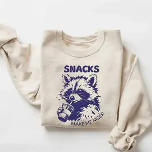 Made In USA, Funny Raccoon Snacks Make Me Nicer Unisex Sweatshirt, Cute Animal Humor Quote Design, Casual Daily Wear, Playful Gift For Snack Lovers
