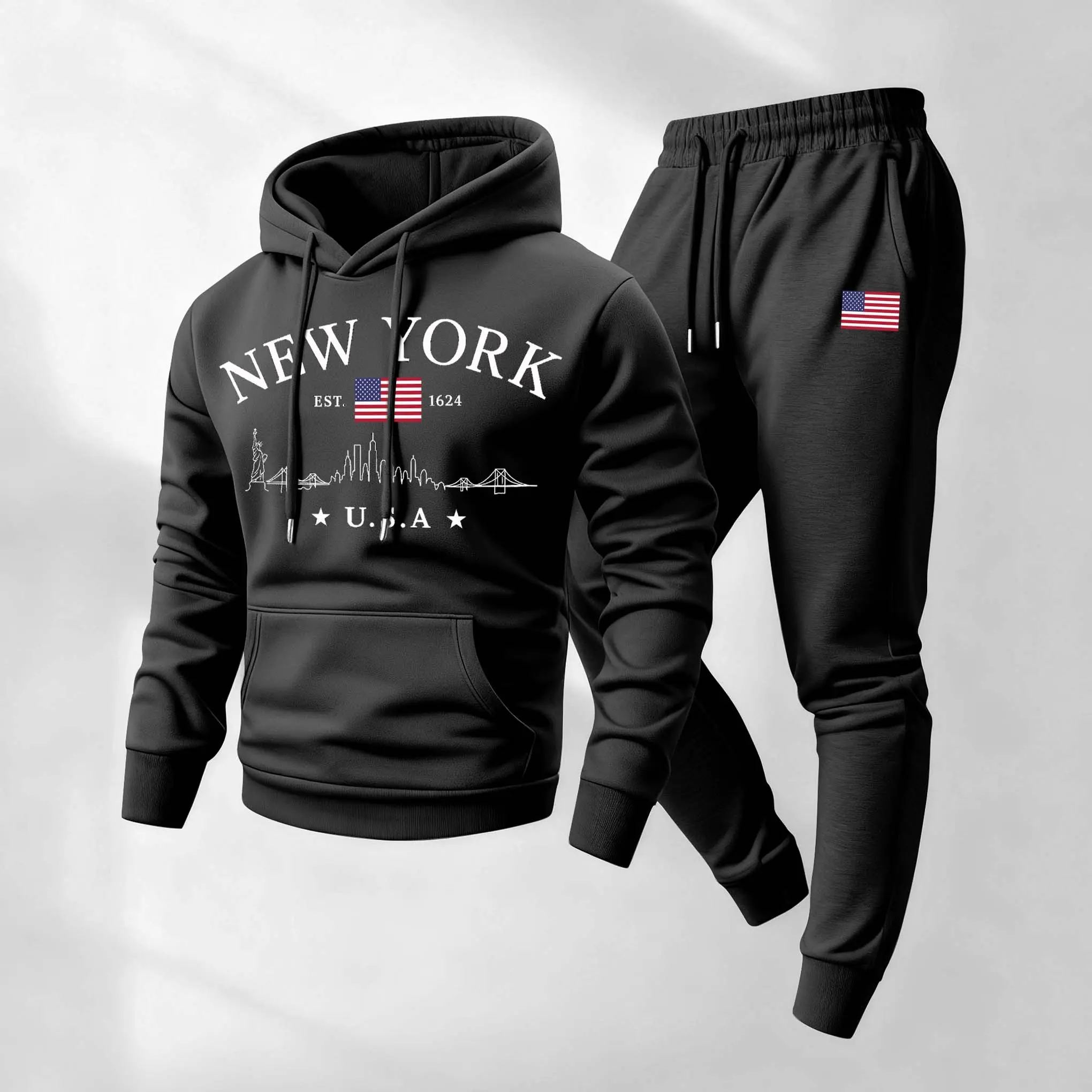 Men's 2-Piece Retro New York Graphic Knit Tracksuit - Long Sleeve Hooded Jacket, Full Length Pants, Athletic Sports Clothing, Casual Gym Wear, Knitting Fabric, Machine Washable