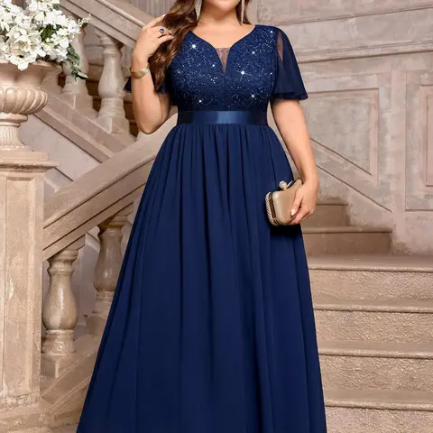 【Plus Size】missmay P54385A Women's Plus Size V-Neck Butterfly Sleeve Formal Maxi Dress, Sequin Lace Design, Smooth Chiffon Hem Fabric, Zipper Closure, Ideal for Wedding Guests, Anniversary Garments