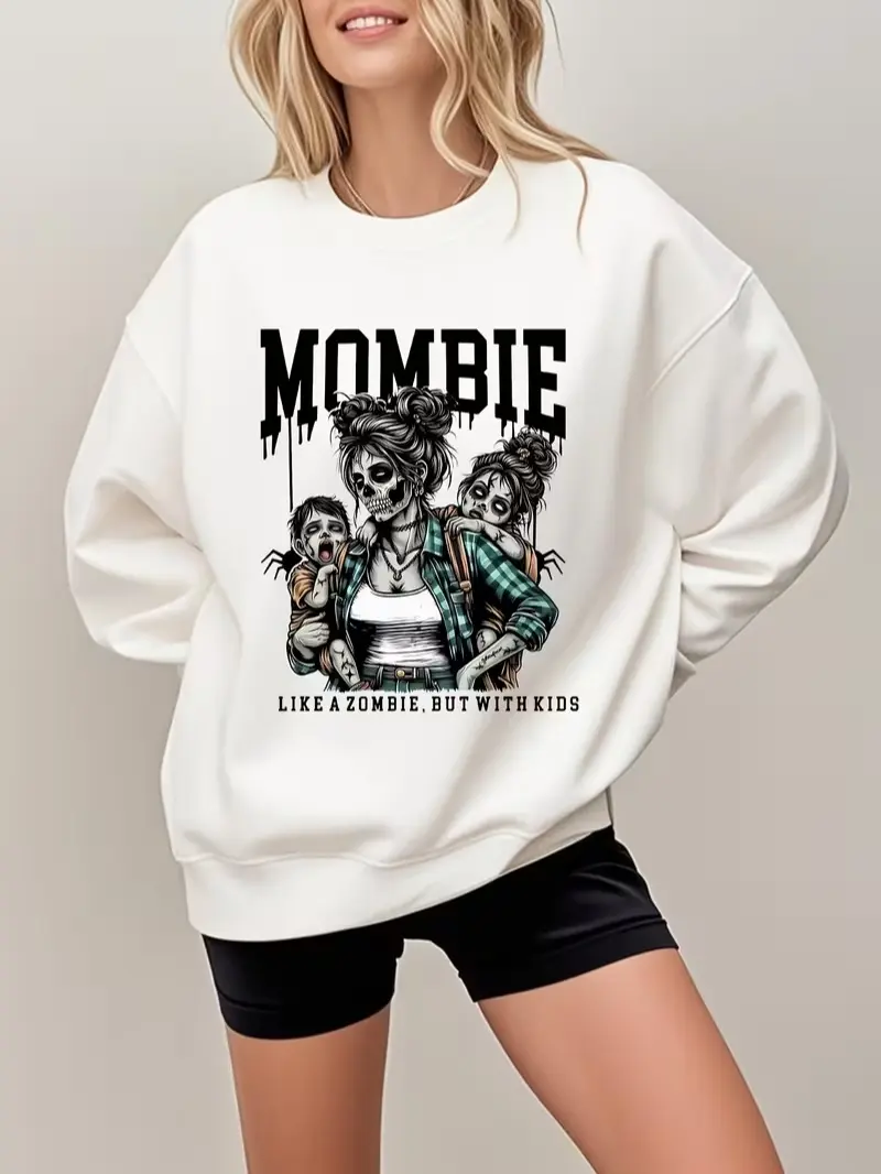 Halloween-themed sweatshirt — A machine-washable pullover for moms featuring a blood-splatter pattern and text print; perfect for parties and PTA events — Fun and stylish enough for moms to wear year-round.